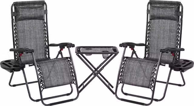 Yaheetech 3-Piece Grey Zero Gravity Garden Chair and Table Set with Armrests and Cup Holders