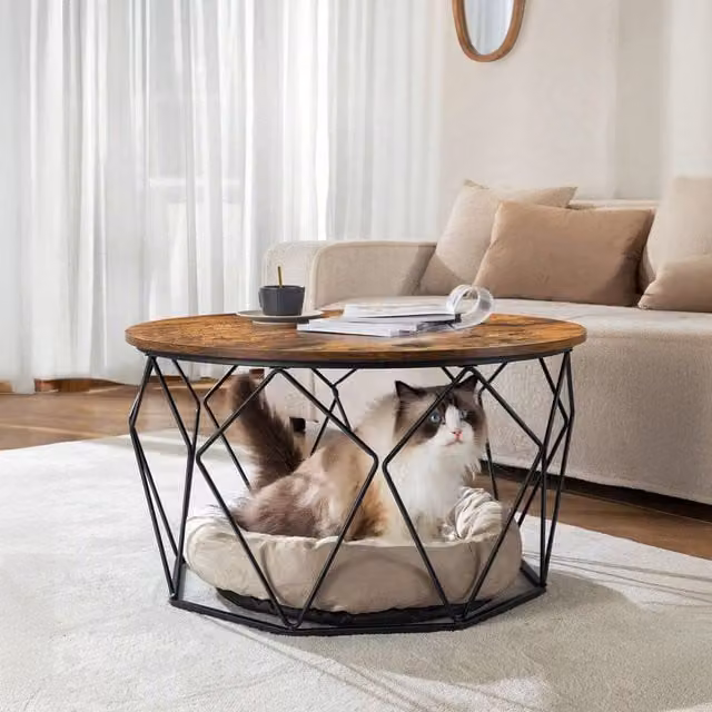 VASAGLE Industrial Round Coffee Table with Lift Mechanism in Brown and Black