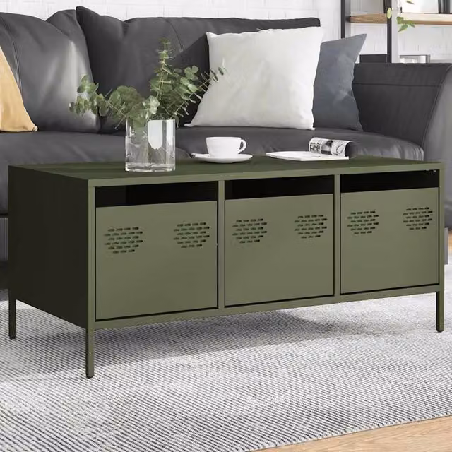 Berkfield Home Industrial Rectangular Coffee Table in Matt Olive Green, W/D/H: 101.5 x 50 x 43.5 cm