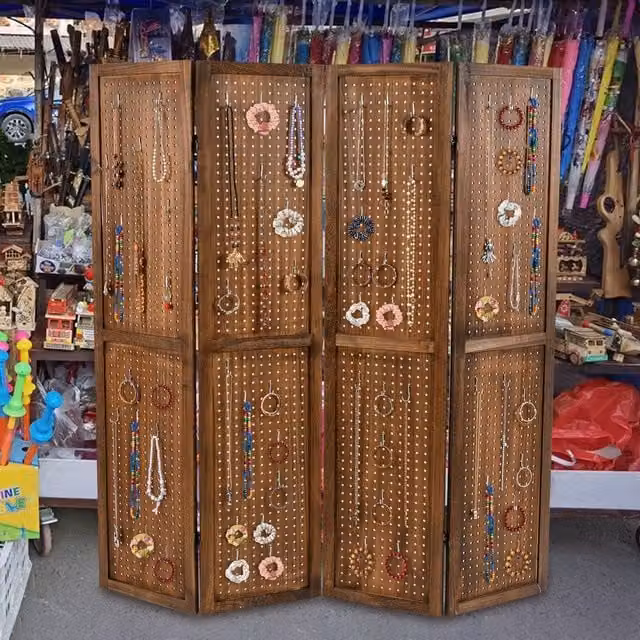Gymax 4-Panel Brown Pegboard Folding Room Divider Privacy Screen, Height: 170 cm – 1