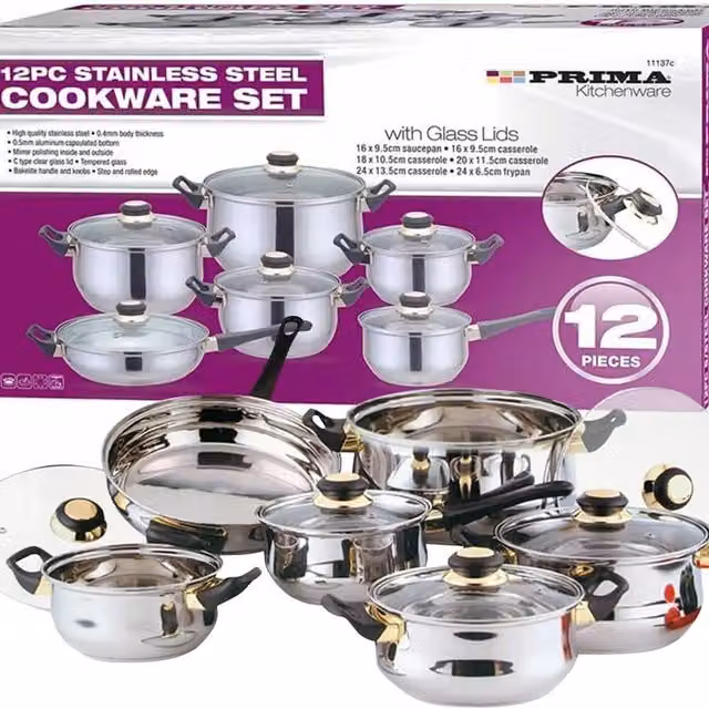 PRIMA Kitchen 12 Piece Stainless Steel Cookware Set with Glass Lids in Silver