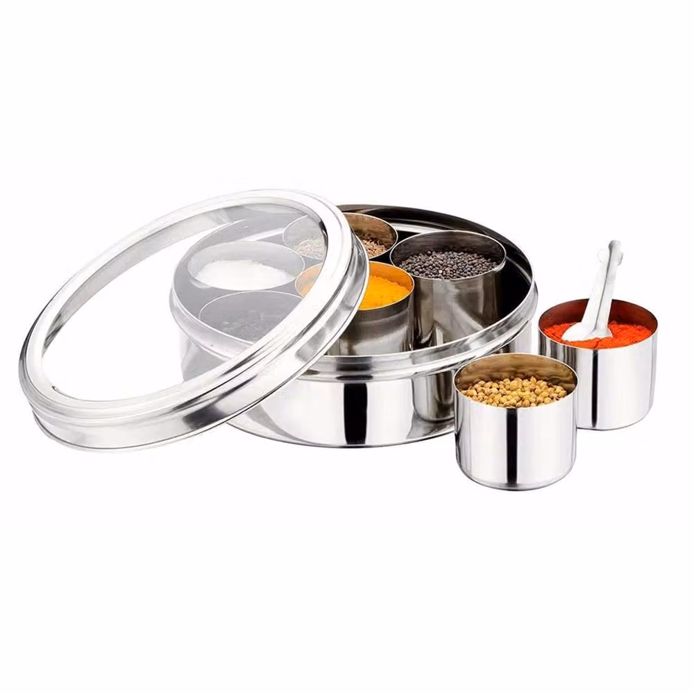 VOGREX 9-Piece Authentic Indian Stainless Steel Masala Dabba Spice Box in Silver, Diameter: 17 cm – 2