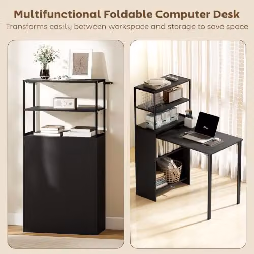 HOMCOM Folding Computer Desk with 4-Tier Bookshelf, Black – 4