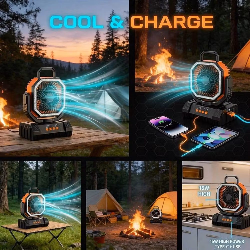 NESTLUNE Orange Rechargeable Camping Fan with 20000mAh Battery – 5