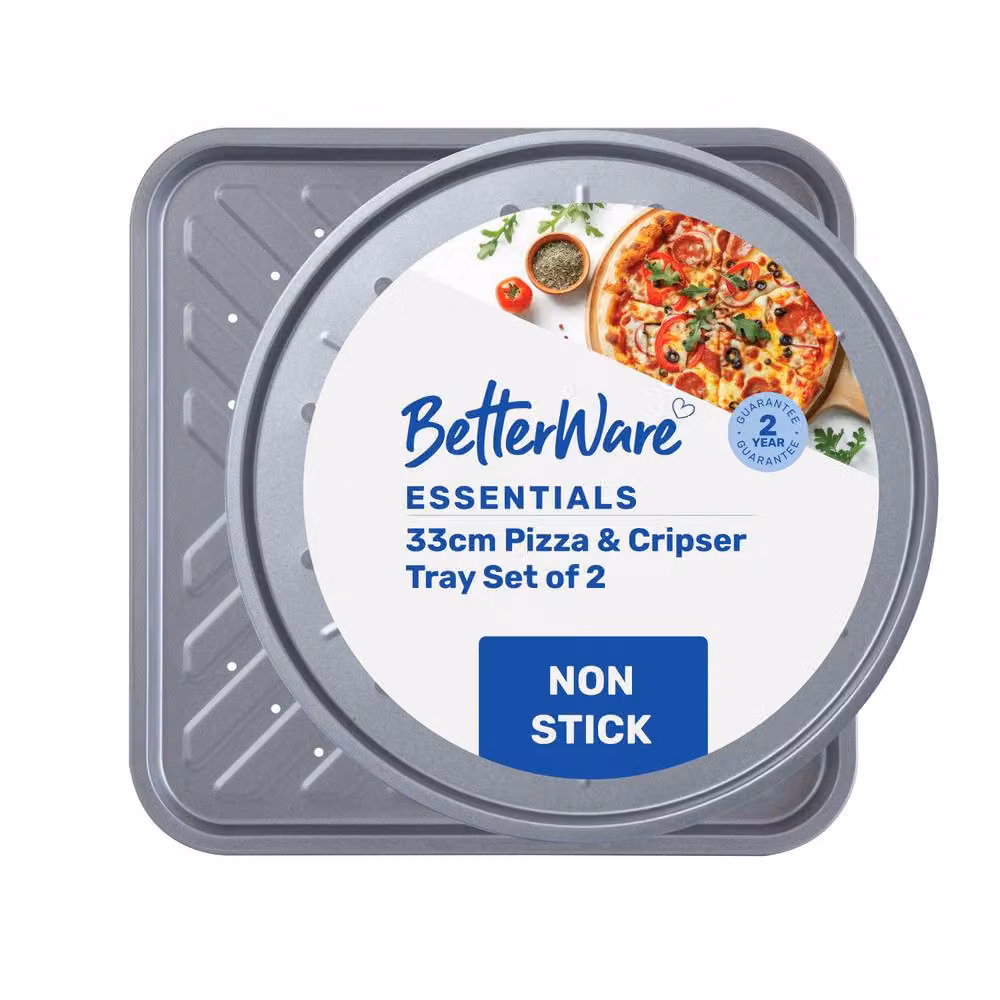 Betterware Essentials Non-Stick Carbon Steel Pizza and Crisper Tray Set, Silver, 33 cm – 4