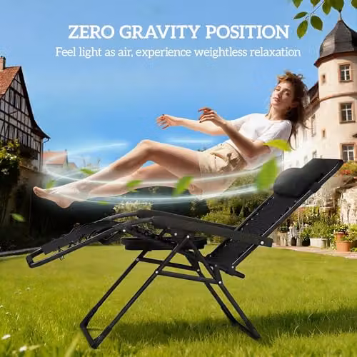 Outsunny Set of 2 Black Zero Gravity Garden Chairs with Adjustable Headrest, Side Tray and Cup Holders – 4