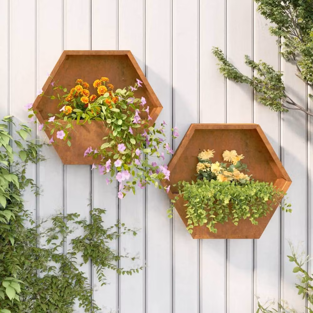 Berkfield Home Rusty Corten Steel Wall Planter Tub, 2 Pack, Brown, W: 46 cm, D: 10 cm, H: 40 cm – 2
