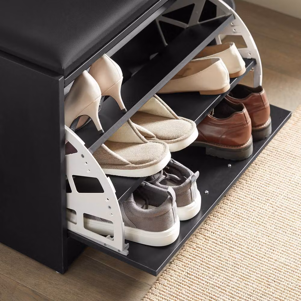 SoBuy Black Shoe Storage Bench with Synthetic Leather Seat Cushion – 6