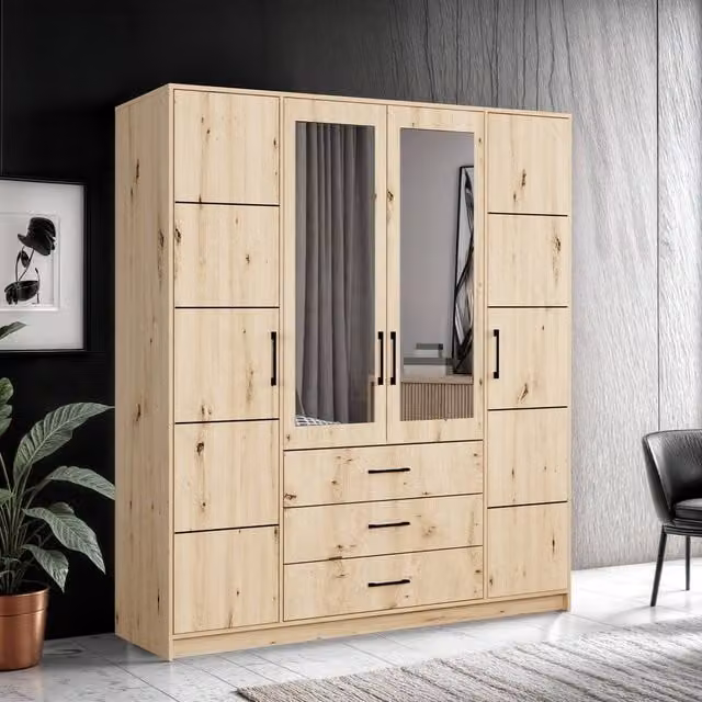 Sliding Wardrobes 4U Modern Four Door Hinged Wardrobe with Mirror and Integrated Drawers in Mixed Colours, W/H: 200 x 200 cm