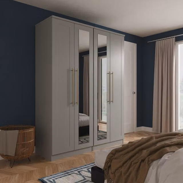 Haworth Ready Assembled Tall 4 Door Wardrobe with 2 Centre Mirrors in Dusk Grey