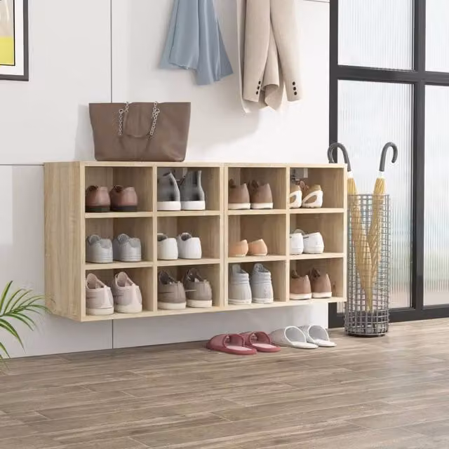 Berkfield Home Set of 2 Wall Mounted Shoe Cabinets in Sonoma Oak and Beige, W/D/H: 52.5 x 30 x 50 cm