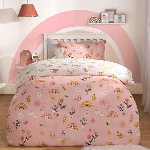 OHS Floral Rainbow Reversible Single Duvet Cover and Pillowcase Set, Pink and White, W/D/H: 135 x 200 cm, Pillowcase: 40 x 60 cm