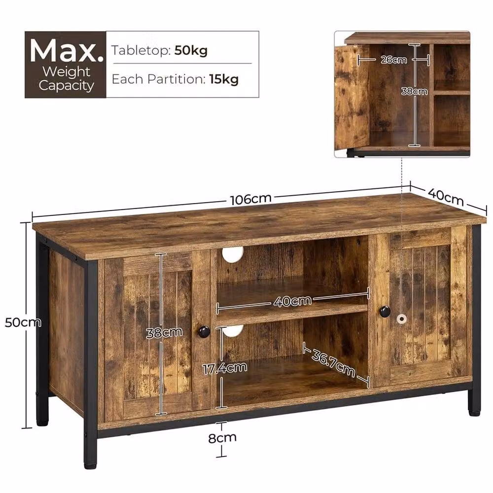 Kelvenix Industrial TV Cabinet in Brown with Media Compartments, W/D/H: 100 x 40 x 50 cm – 2