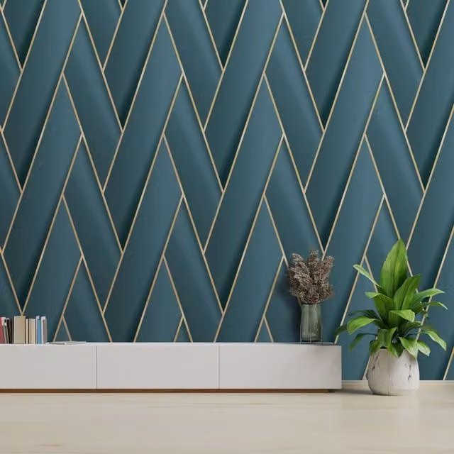 Debona Armando Herringbone Geometric Wallpaper in Petrol Blue