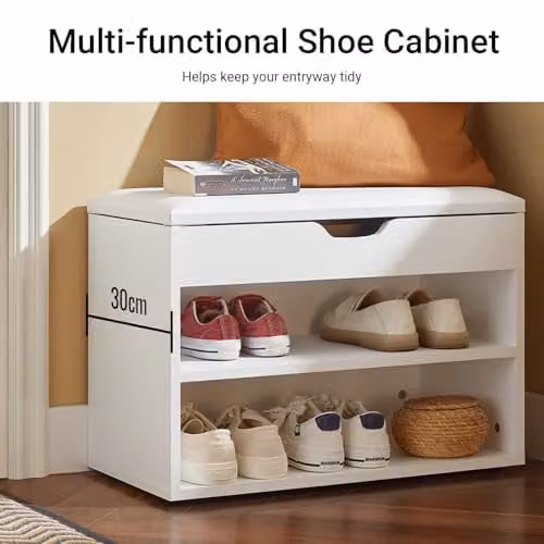 SoBuy Shoe Storage Bench with Padded Seat and 2-Tier Shoe Rack, White, W/D/H: 60 x 30 x 48 cm – 4