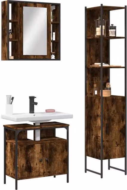 Berkfield Home 3 Piece Brown Smoked Oak Bathroom Cabinet Set with Mirror Cabinet – 1