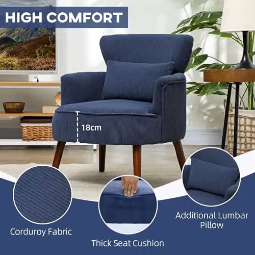 HOMCOM Retro Blue Tub Armchair with Solid Wood Frame and Mixed Padding, W/D/H: 69.5 x 78.0 x 69.0 cm – 4