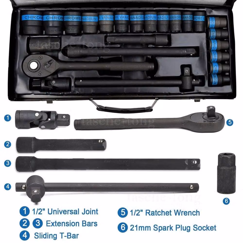 SPETLEK Heavy Duty 1/2 inch Ratchet Wrench Socket Set in Black Chrome Vanadium Steel – 5