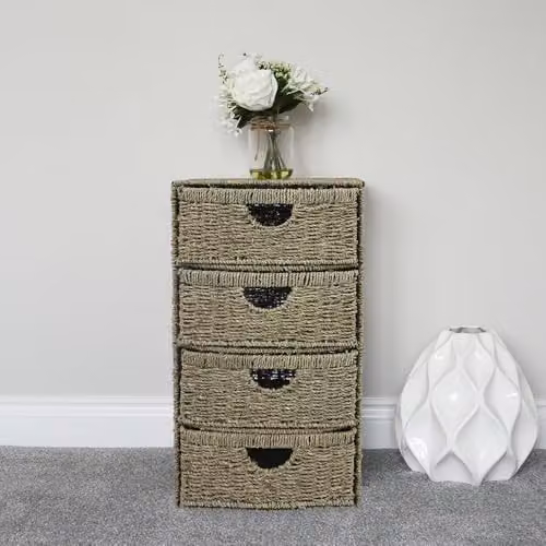 JVL 4 Drawer Bow Front Seagrass Bathroom Storage Tower in Natural Brown and Beige, H: 68.5 cm x W: 38.0 cm x D: 28.0 cm – 2