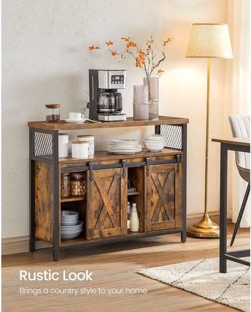 VASAGLE Industrial Sideboard Kitchen Cabinet with 2 Sliding Barn Doors and Adjustable Shelves in Brown