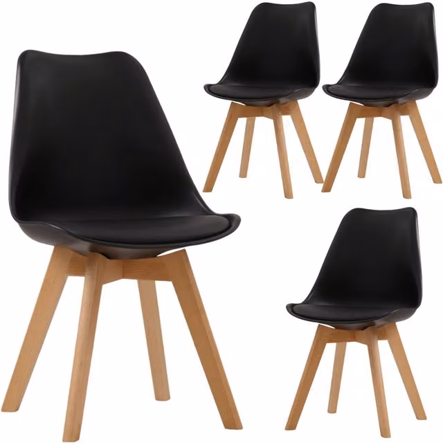 Novecrafto Set of 4 Mid-Century Modern Tulip Design Dining Chairs in Black Synthetic Leather with Wood Legs