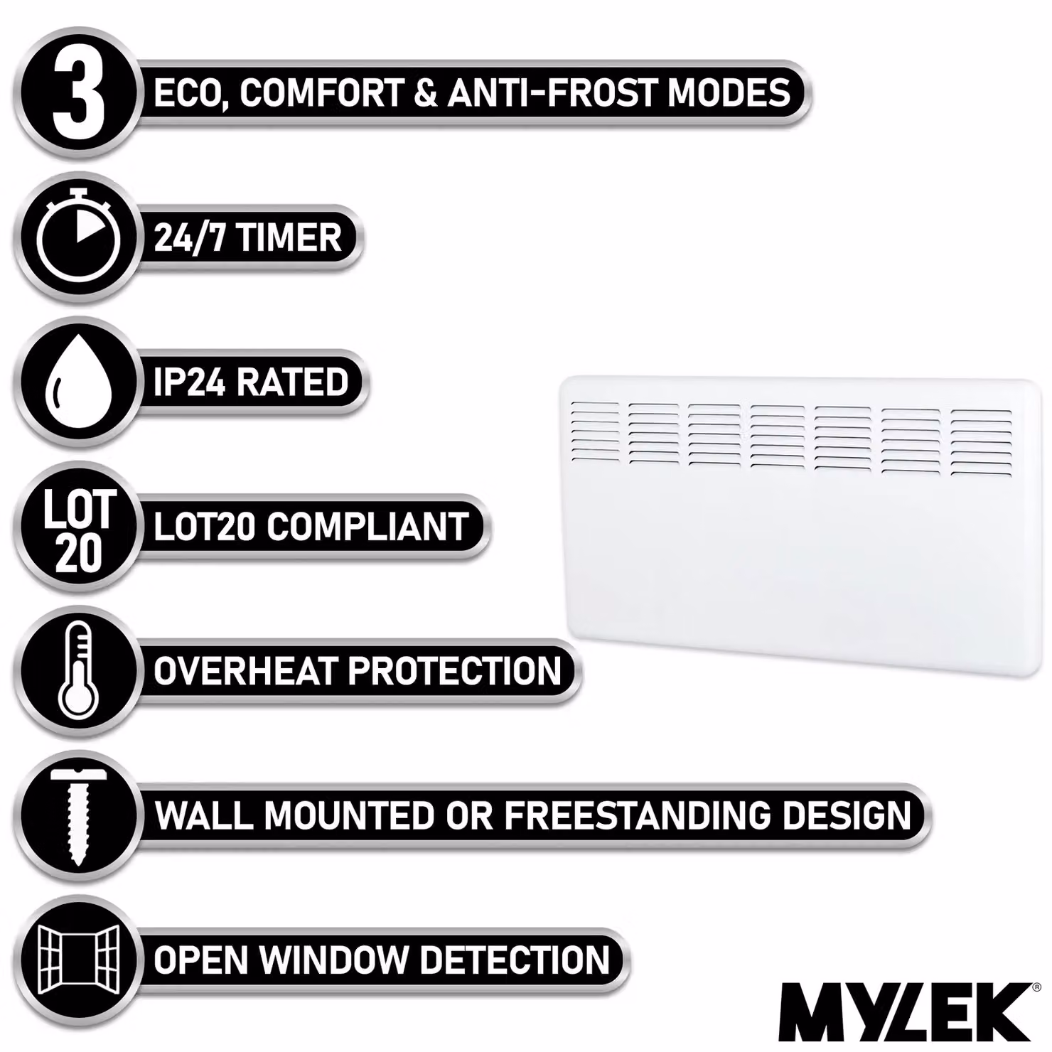 MYLEK Smart App Wifi Electric Panel Heater, 2kW Convector, White – 2