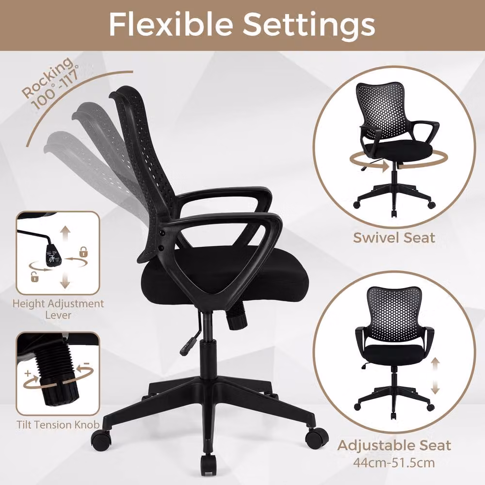 Gymax Ergonomic Black Mesh Fabric Swivel Office Chair with Armrests and Castors – 7