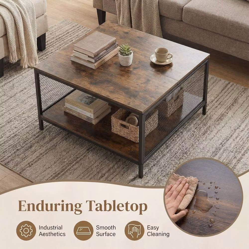 Gymax Industrial Square 2-Tier Coffee Table with Storage Shelf in Brown – 5