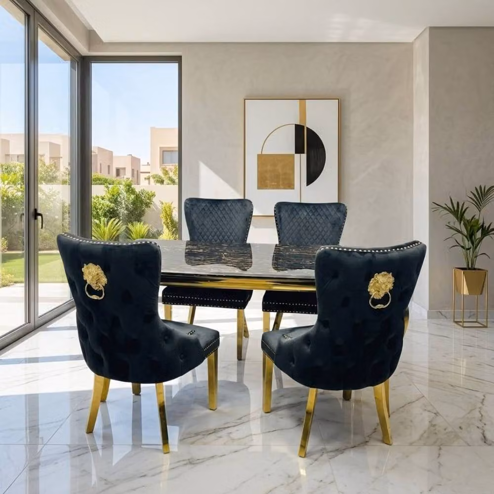 Home Luxe Interior Sofia Black and Gold Marble Dining Table and 4 Victoria Black Lion Chairs, W: 150 cm – 2
