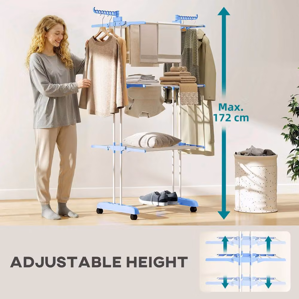 STILVORA 4-Tier Foldable Clothes Airer with Wheels and Hooks in Blue – 3