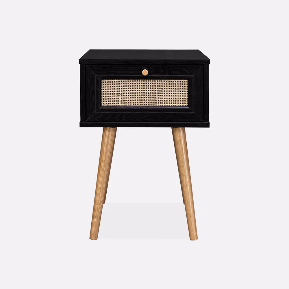sweeek Woven Rattan Bedside Table with Drawer in Black – 2