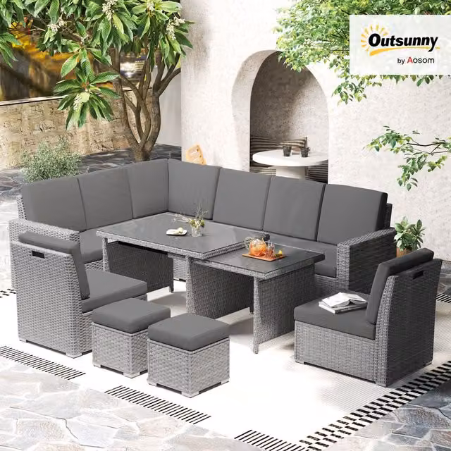 OUTSUNNY 10-Seater Sectional Garden Sofa Set with Cushioned Seats, Footstools and Glass Table in Light Grey