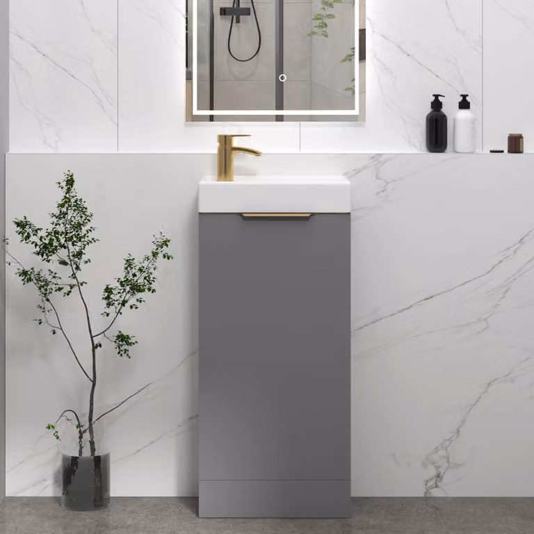 Royal Bathrooms Como 400mm Floor Standing Cloakroom Vanity Unit Basin with 1 Door in Indigo Grey Gloss and Brushed Brass Handle