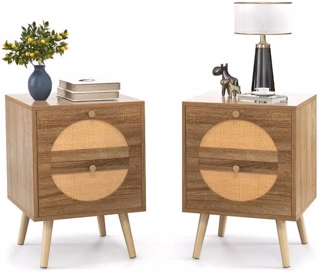 Costway Set of 2 Brown Boho Rattan and Wood Nightstands with 2 Storage Drawers
