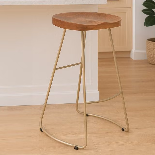 Orsina Rustic Acacia Wood and Metal Bar Stool in Silver