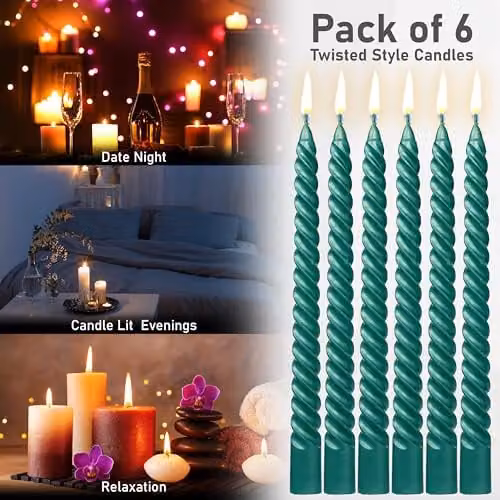 Deco Express Non-Scented Twisted Dinner Candles, Pack of 6, Green – 6