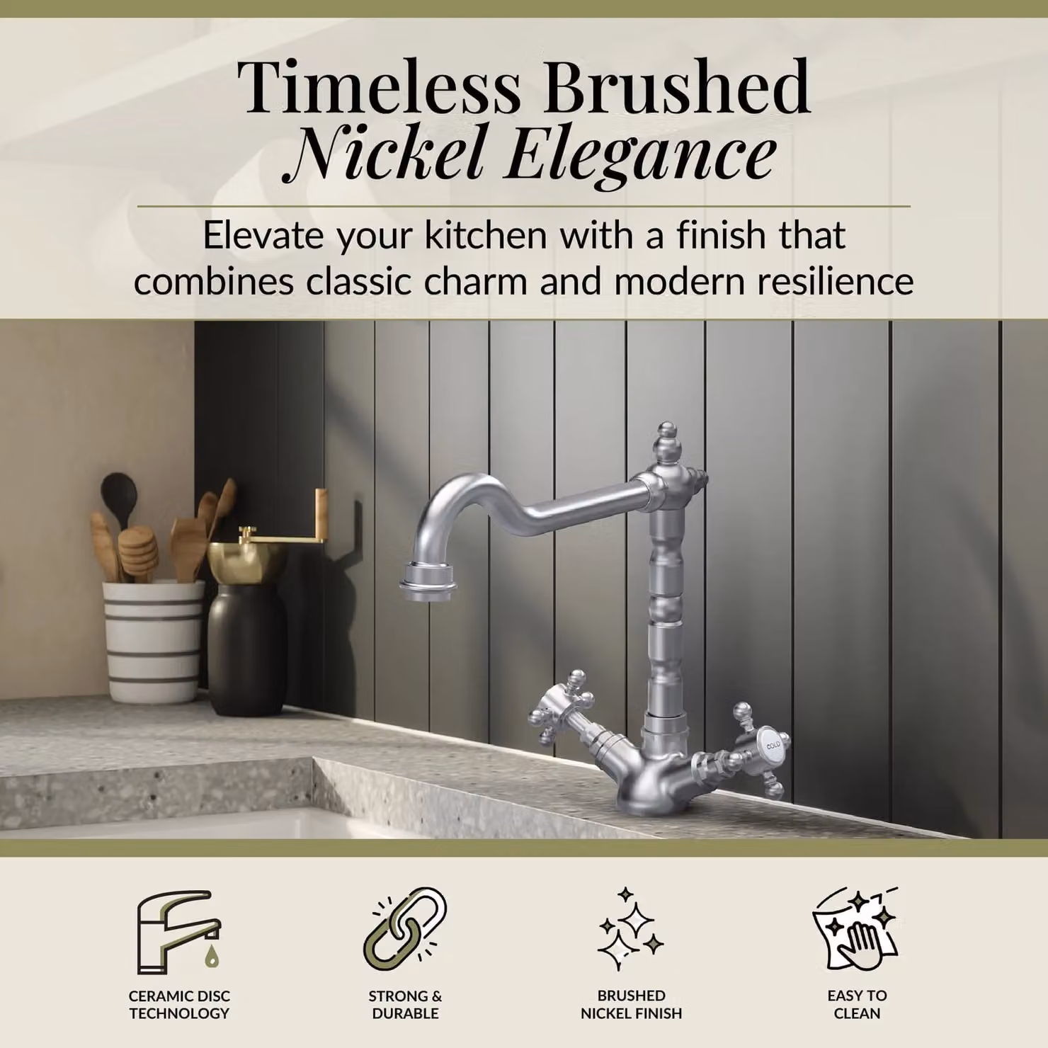 Balterley French Classic Kitchen Sink Mono Mixer Tap with Dual Crosshead Handles in Brushed Nickel, H 24.0 cm x W 19.0 cm x D 23.0 cm – 4