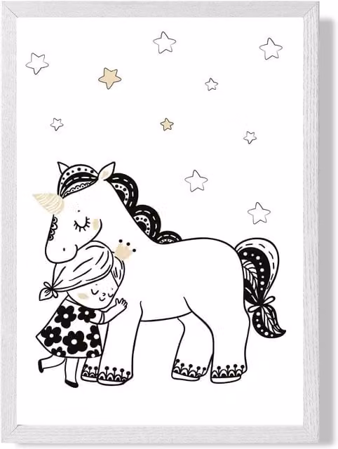 ARTZE Scandi Princess Little Hugging Unicorn Framed Illustration in Black and White