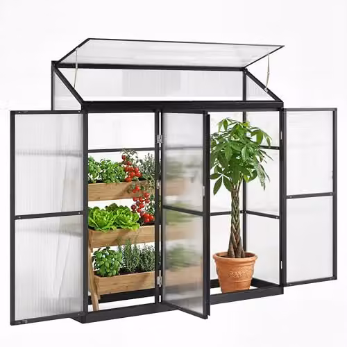 Outsunny Black Polycarbonate Lean-to Pent Greenhouse with 3 Hinged Doors and Top Vent, W/D/H: 182.88 x 45.72 x 180 cm – 1