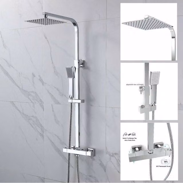 NESTLUNE Square Thermostatic Shower Mixer Set with Single Lever in Silver Chrome
