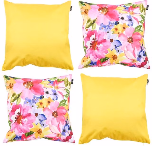icon 4-Pack Indoor & Outdoor Waterproof Square Cushions in Pink and Yellow Watercolour Floral Print, W/D/H: 43 x 43 x 43 cm