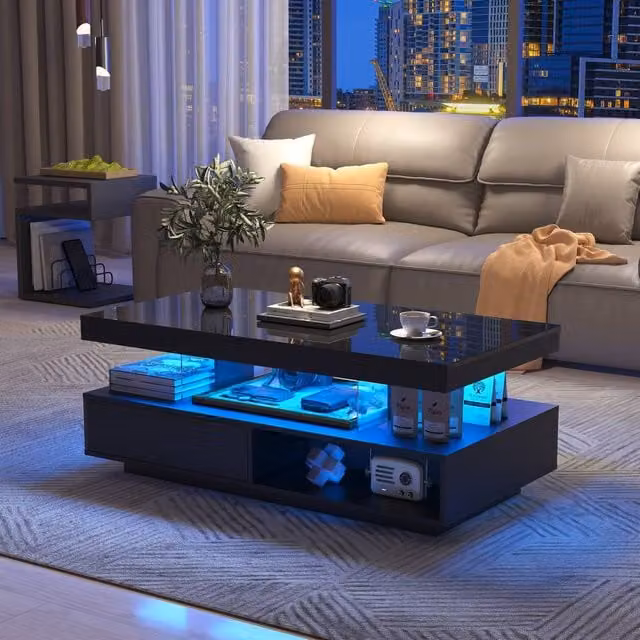Merax Modern High Gloss LED Coffee Table with 2 Drawers, Black, W/D/H: 95 x 50 x 42.5 cm – 1