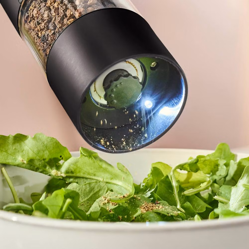 Cooks Professional Rechargeable Stainless Steel Salt and Pepper Mill Set with Bamboo Base in Black – 4