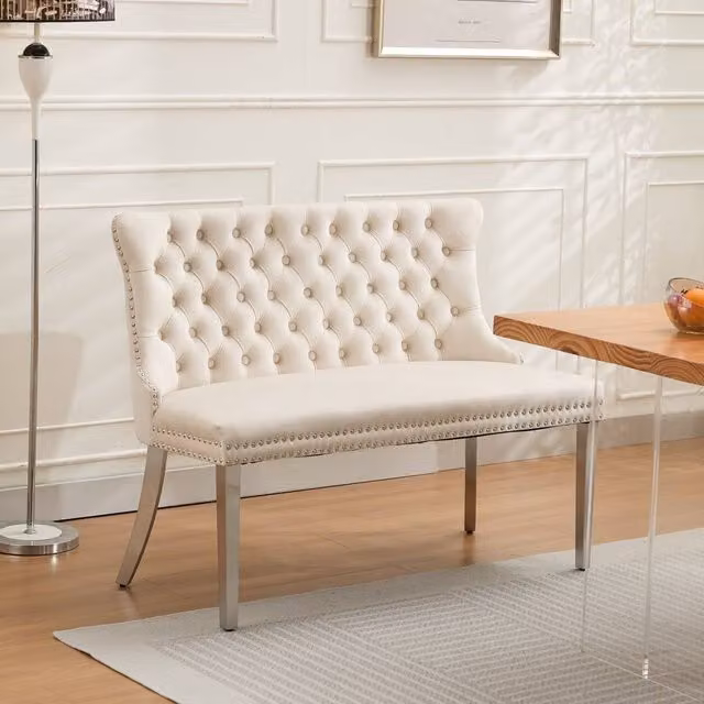 HomeTouch Velvet Double Dining Bench Loveseat with Chrome Steel Legs in Beige – 1