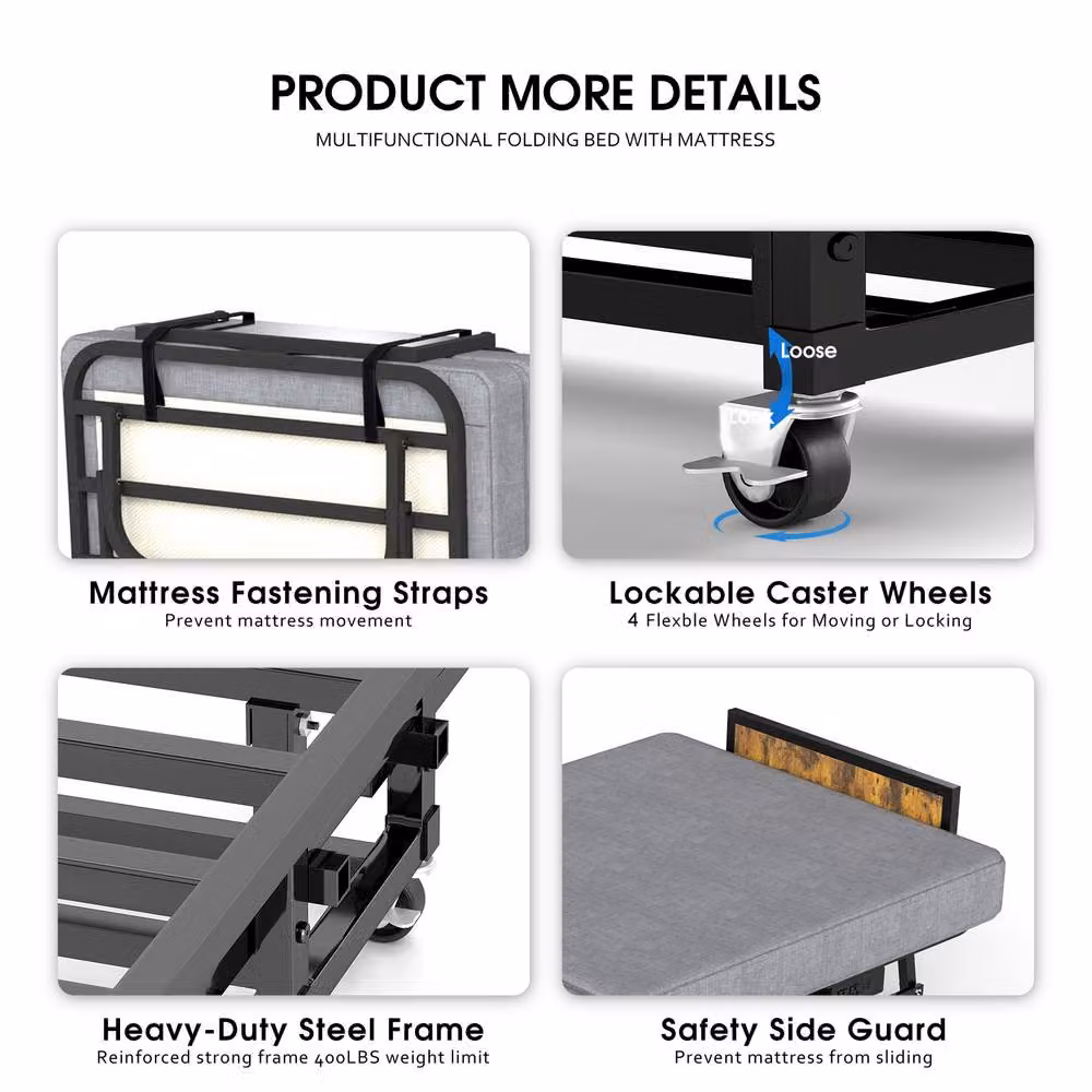 Matteo Grey Folding Bed with USB Port, Headboard and Memory Foam Mattress, Single W/D/H: 90 x 200 cm – 7