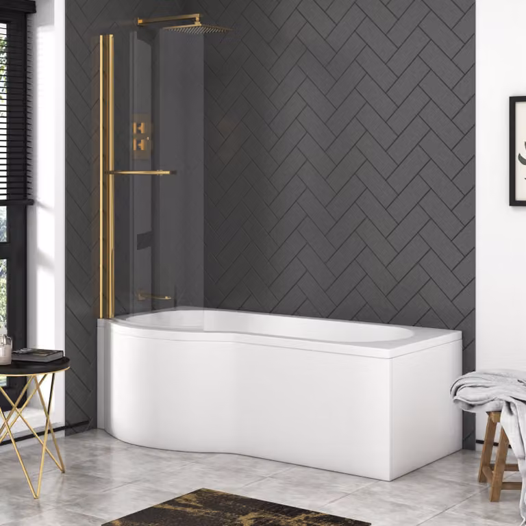 Elva White Acrylic P-Shaped Shower Bath with Front Panel, End Panel and Brushed Brass Screen, W/D/H: 170 x 85 x 5 cm