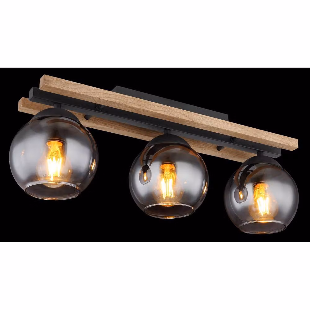 Netlighting Conni Globe Ceiling Light in Black and Brown Wood with Smoke Glass Shade, 3x E27 – 2