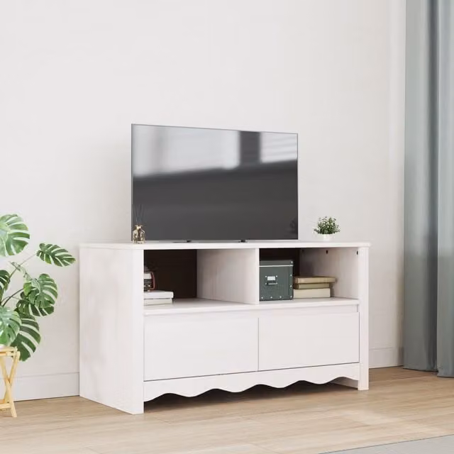 Berkfield Home DRAMMEN TV Cabinet in White Solid Wood Pine, W/D/H: 99 x 43 x 55 cm – 1