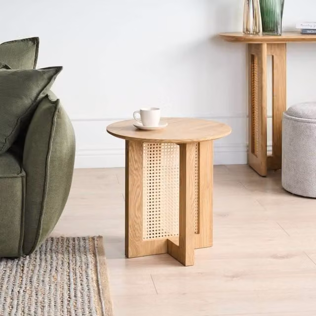 Wyld and Coco Round Side Table in Brown MDF with Rattan Base, Diameter: 50 cm