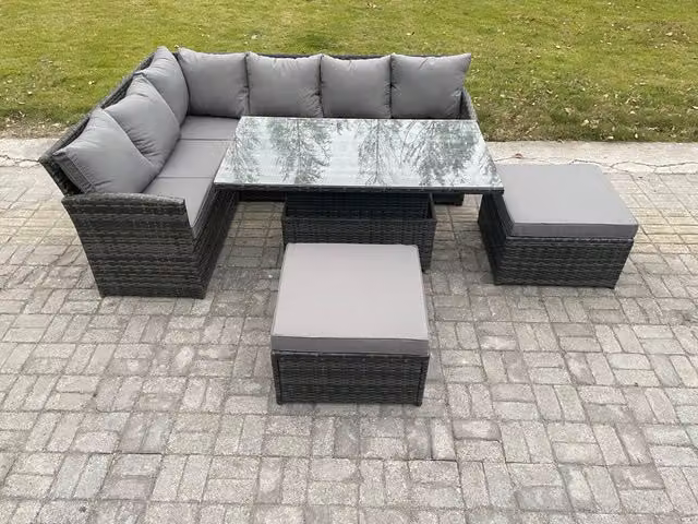 Fimous Outdoor Garden Furniture Set in Dark Grey, featuring a Height Adjustable Rising Lifting Table, Sofa, Dining Set and 2 Large Footstools in PE Rattan